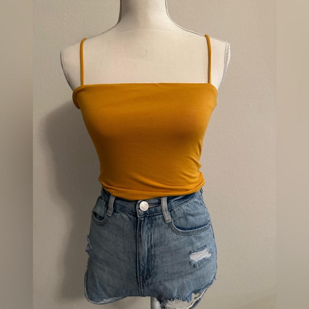 NWOT Mustard Yellow Spaghetti Strap Straight Neck Crop Top Size Small